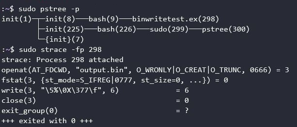 pstree of binwritetest.exe and strace of PID