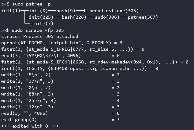 pstree of binreadtest.exe and strace of PID